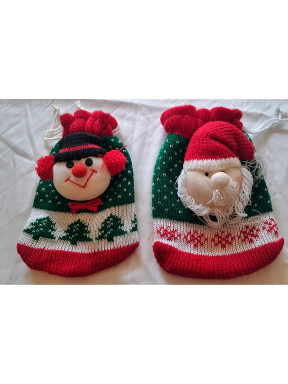 2 Small 6" Christmas Holuday Knitted Stockings Snowman Santa